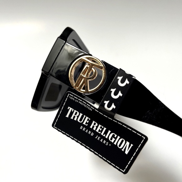 New Original TRUE RELIGION Square Sunglasses Oversized Black Gold Logo TR - Picture 4 of 6